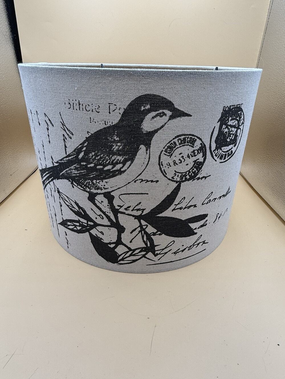 Bird Print Drum Lamp Shade Gray Linen Look 12x12x9 Decorative Shade